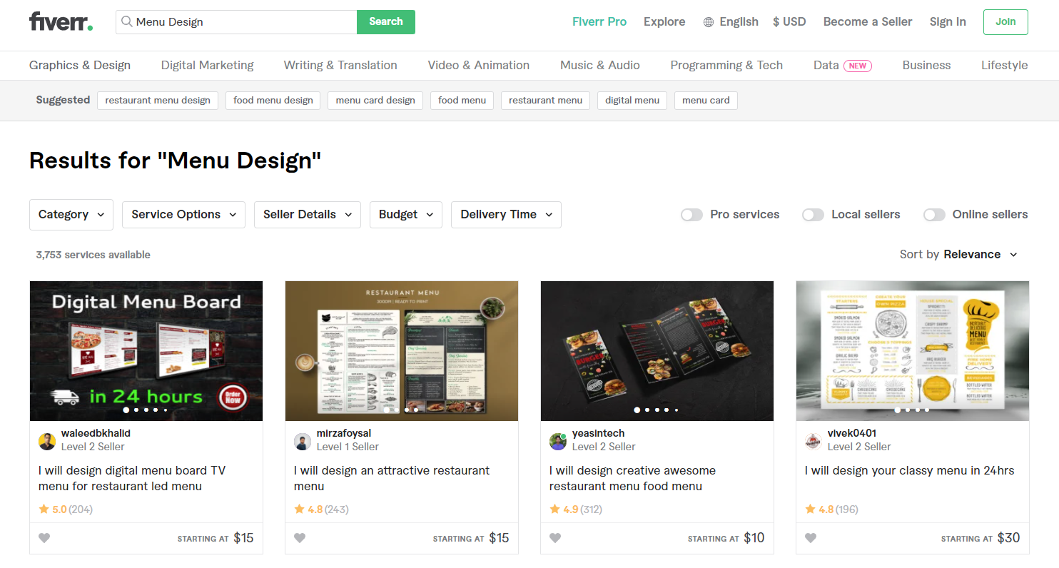 Fiverr Menu Design Search Result