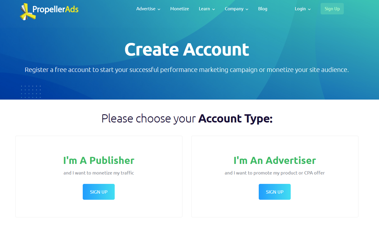 PropellerAds Registration Page